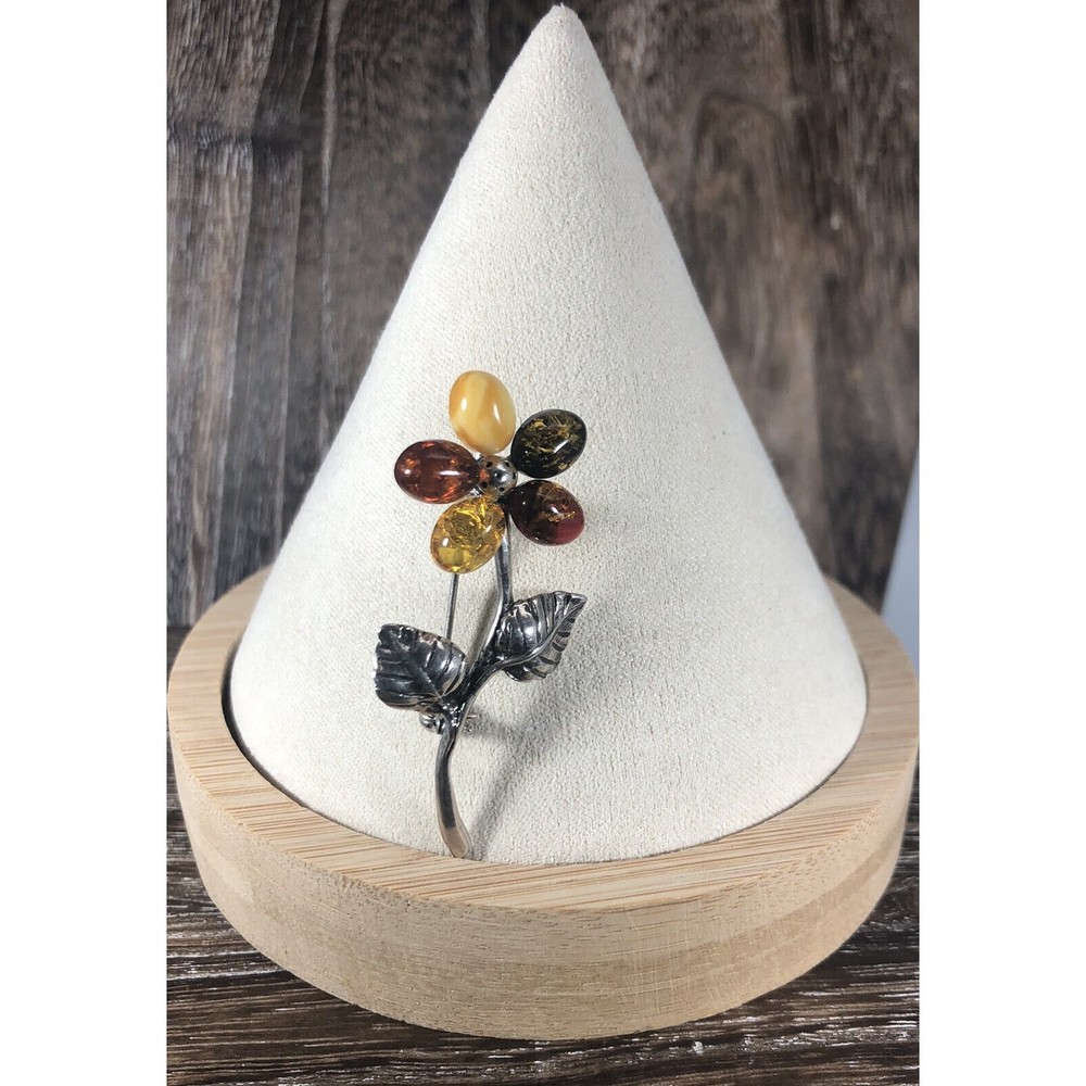 Vintage Sterling Silver Baltic And Egg Yolk Amber Resin Flower Brooch Pin
